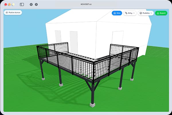 3D model vyvýšené ocelové terasy s černým zábradlím u rodinného domu v online konfigurátoru KOVOSET. 3D model vyvýšené ocelové terasy s černým zábradlím u rodinného domu v online konfigurátoru KOVOSET.