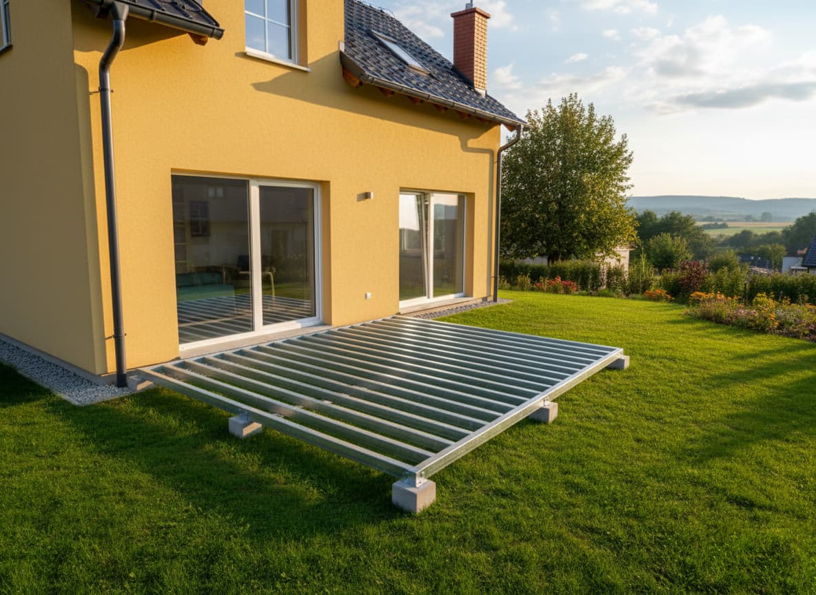 Ocelová konstrukce pro terasu na míru | KOVOSET Pozinkovaná ocelová konstrukce nízké terasy u rodinného domu, připravená pro pokládku podlahy.