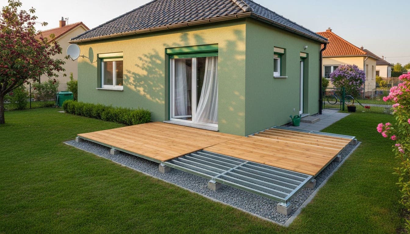 Ocelová konstrukce terasy u rodinného domu | KOVOSET Montáž ocelové konstrukce terasy se zinkovaným rámem a dřevěnou podlahou u rodinného domu.