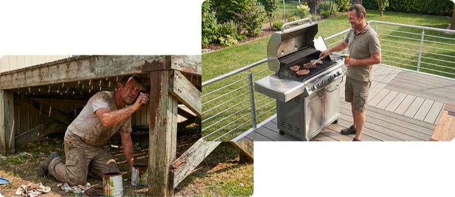 Na terase se má grilovat. Ne pracovat Srovnání náročné údržby dřevěné terasy a moderní ocelové konstrukce KOVOSET s nerezovým zábradlím.