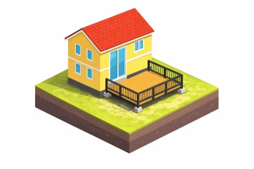 Nízká terasa bez sloupů Izometrický model rodinného domu s moderní ocelovou terasou, tmavým kovovým zábradlím a dřevěnou podlahou.