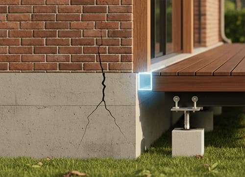 Detail ukotvení ocelové terasy KOVOSET pomocí rektifikační patky u domu s prasklou fasádou.