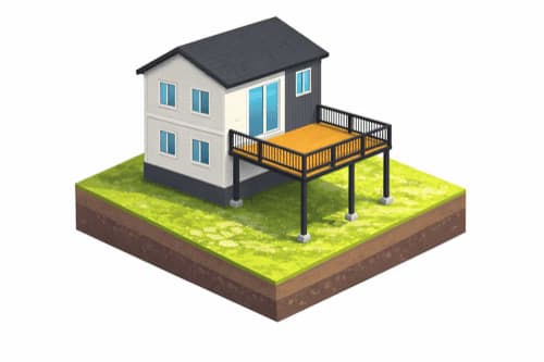 Vyvýšená terasa na sloupech Vizualizace vyvýšené ocelové terasy na sloupech s dřevěnou podlahou a černým kovovým zábradlím u rodinného domu.