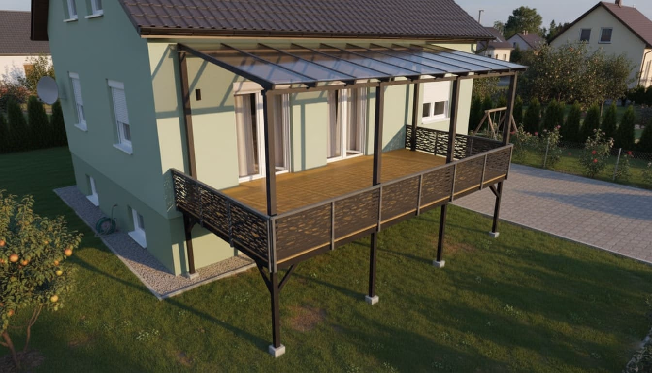 Zastřešení Moderní vyvýšená ocelová terasa na sloupech s proskleným zastřešením a designovým kovovým zábradlím u rodinného domu.
