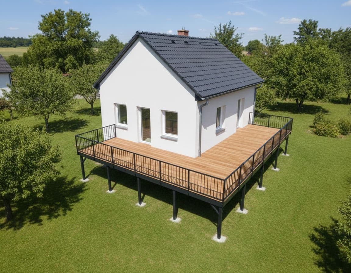 Rohová ocelová konstrukce terasy s dřevěnou podlahou a černým zábradlím na vyvýšených sloupech u rodinného domu.