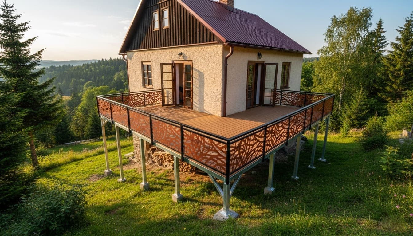 Ocelová terasa na míru s ozdobným zábradlím | KOVOSET Rohová ocelová terasa na zinkovaných podpěrách u chalupy v lese s moderním dekorativním zábradlím.