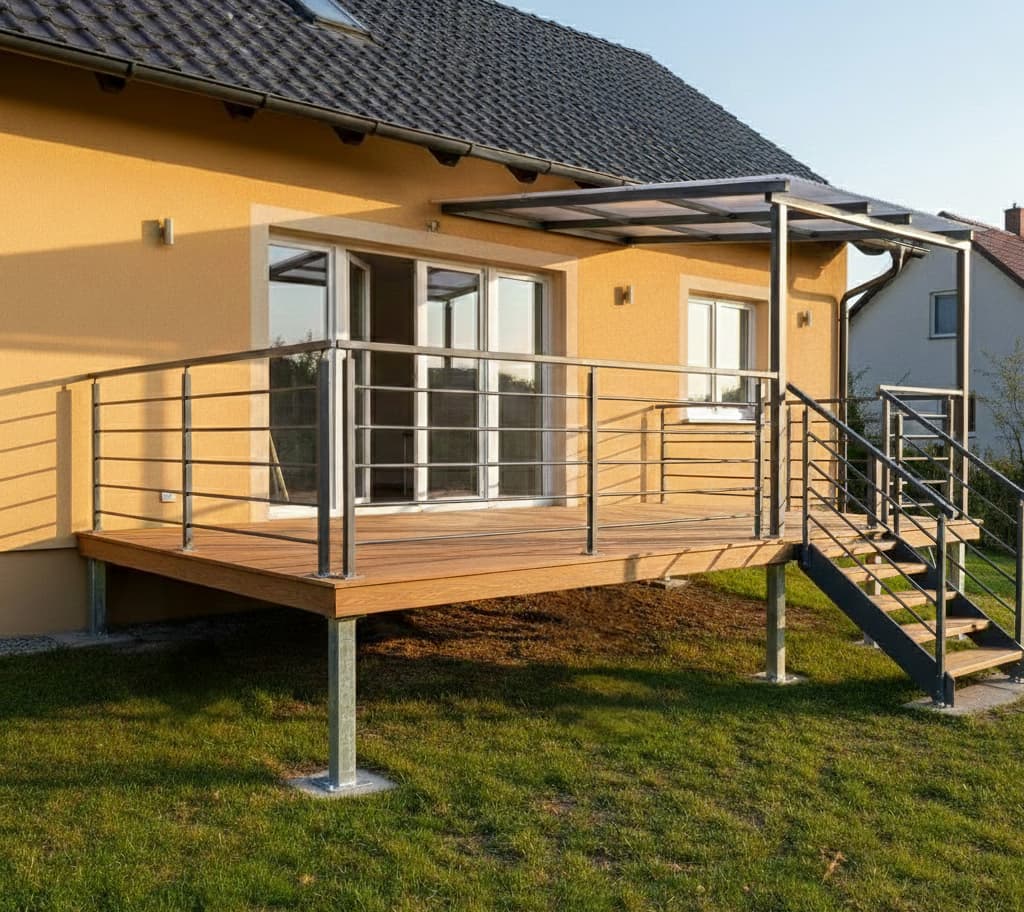 Vyvýšená ocelová terasa u rodinného domu se schodištěm, kovovým zábradlím a částečným zastřešením od firmy KOVOSET.