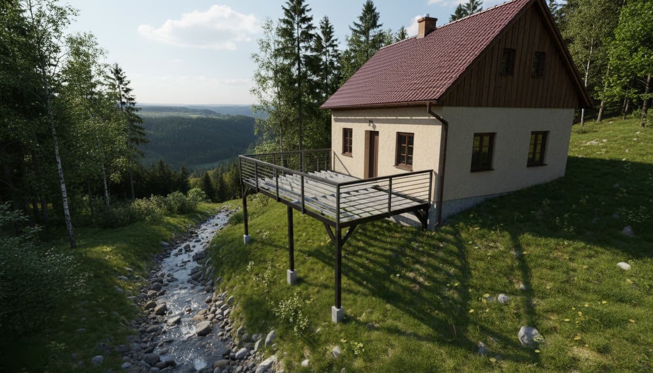 Ocelová terasa u chalupy ve svahu | KOVOSET Moderní ocelová konstrukce terasy u chalupy ve svažitém terénu s kovovým zábradlím a výhledem na potok.