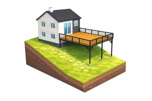 Vyvýšená terasa na sloupech ve svahu 3D vizualizace vyvýšené ocelové terasy u rodinného domu s nosnou konstrukcí na černých ocelových sloupech v mírném svahu.