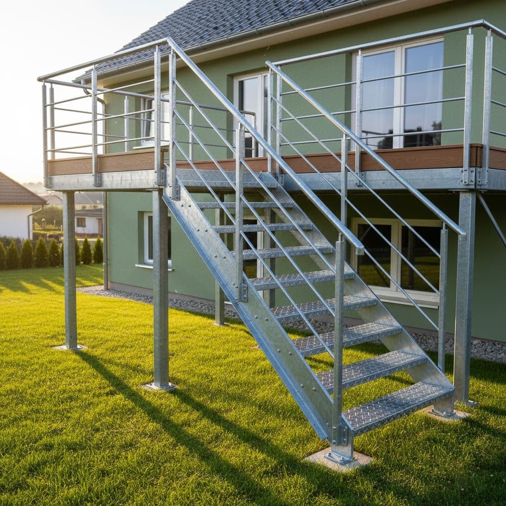 Ocelová terasa se schodištěm a zábradlím | KOVOSET Žárově zinkovaná ocelová konstrukce terasy s venkovním schodištěm a bezpečnostním zábradlím u rodinného domu.