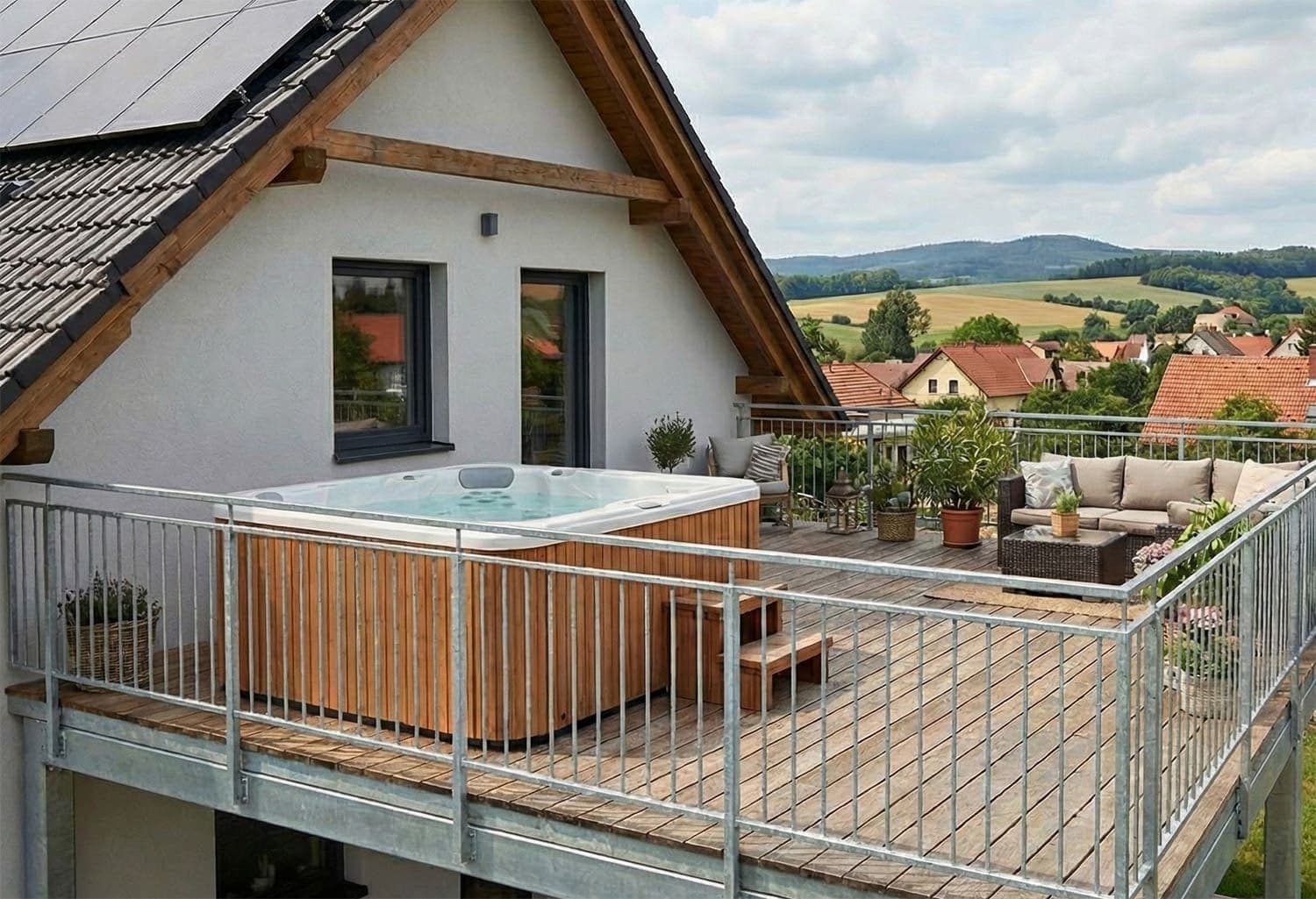 Zesílení konstrukce Moderní ocelová konstrukce terasy s dřevěnou podlahou, vířivkou a pozinkovaným zábradlím u rodinného domu.