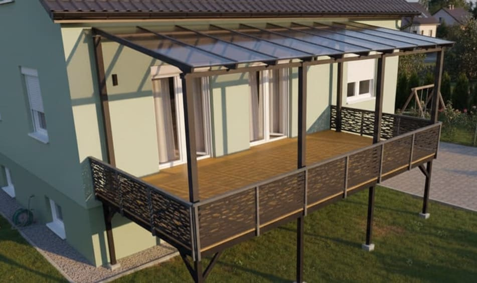 Ocelová terasa na míru se zastřešením a zábradlím | KOVOSET Moderní ocelová konstrukce vyvýšené terasy se zastřešením a dekorativním zábradlím u rodinného domu.