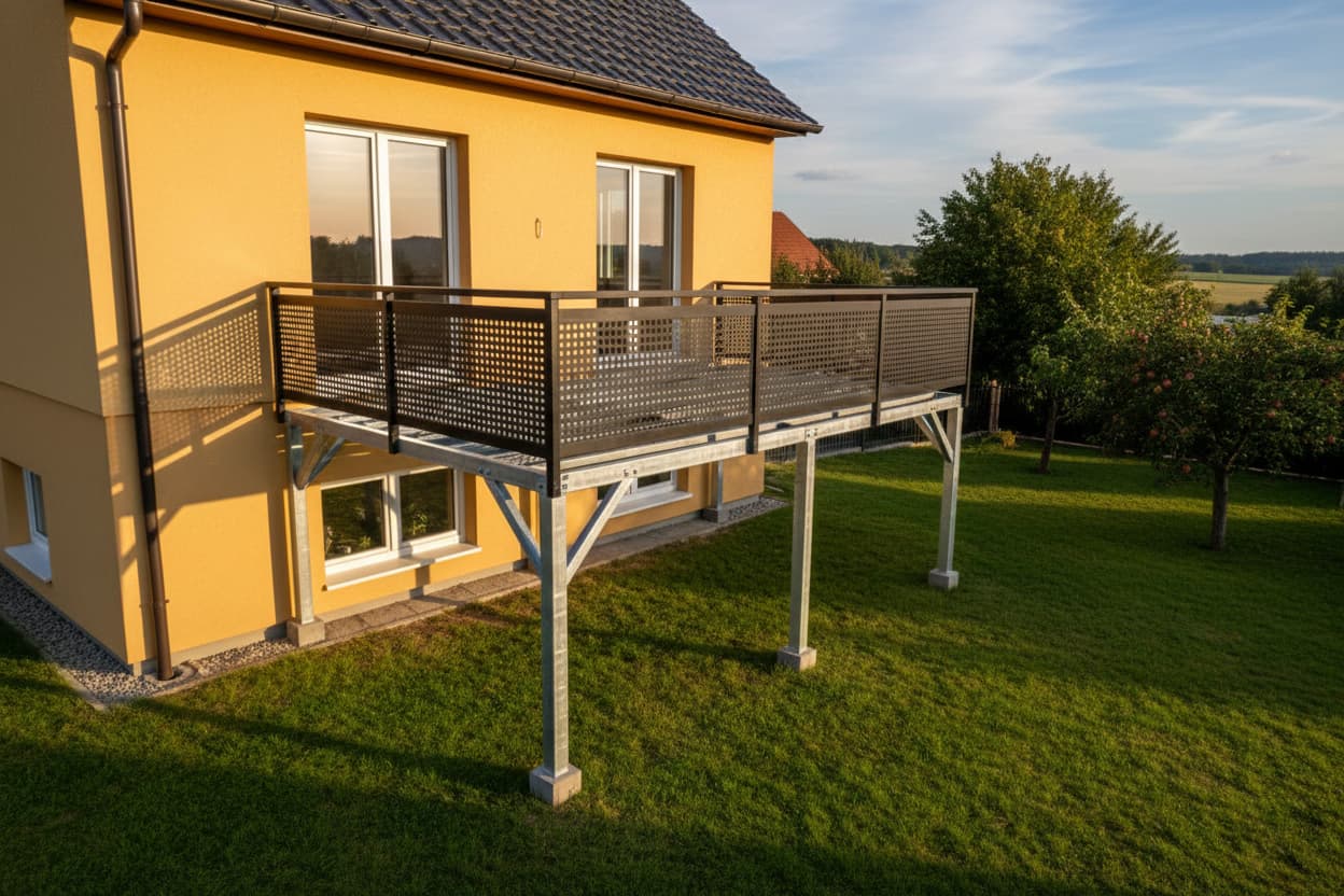 Vyvýšená terasa se 2 vstupy z domu Moderní ocelová vyvýšená terasa s pozinkovanou konstrukcí a tmavým perforovaným zábradlím u rodinného domu.