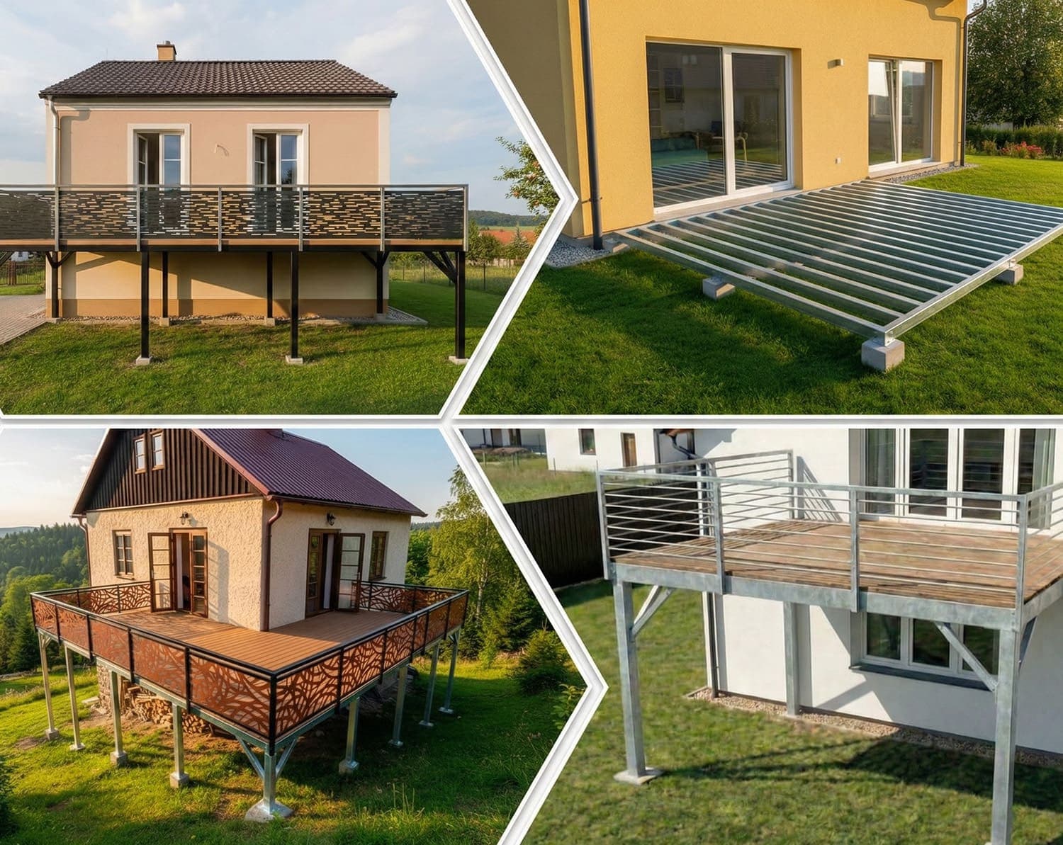 Koláž různých typů ocelových konstrukcí teras KOVOSET včetně vyvýšených teras s ozdobným zábradlím a zinkovaných rámů.