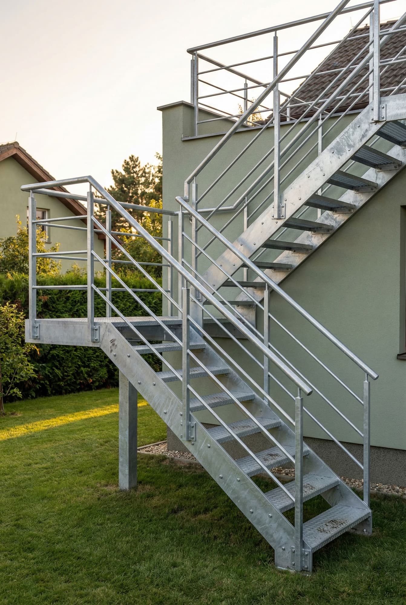 Ocelové venkovní schodiště se zábradlím | KOVOSET Pozinkované ocelové schodiště s podestou a bezpečnostním zábradlím u rodinného domu.
