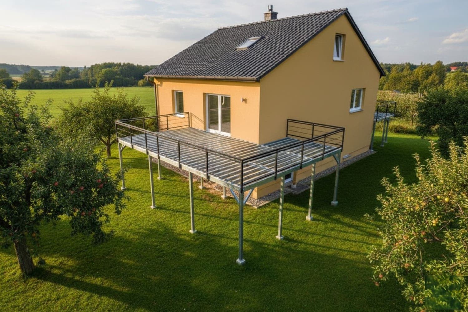 Ocelová terasa na míru od KOVOSET | Zakázková výroba Moderní vyvýšená ocelová terasa u rodinného domu se zábradlím a pozinkovanou konstrukcí od firmy KOVOSET.